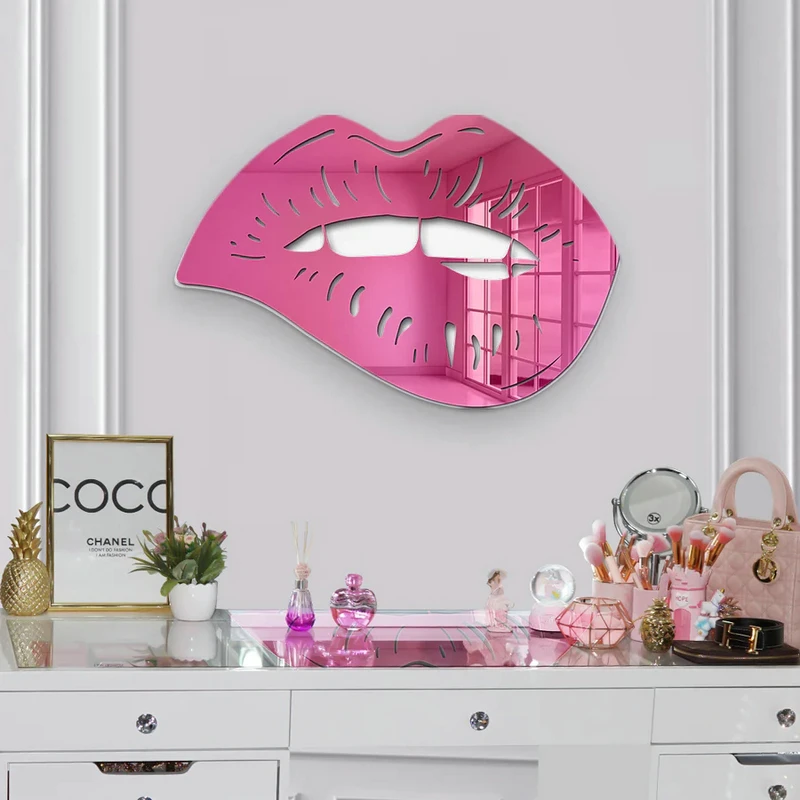 3D Mirrored Biting Lips Acrylic Sign Wall Art Decor Red Kiss Lips Logo Girls Dorm Room Aesthetic Decoration Beauty Salon Signage