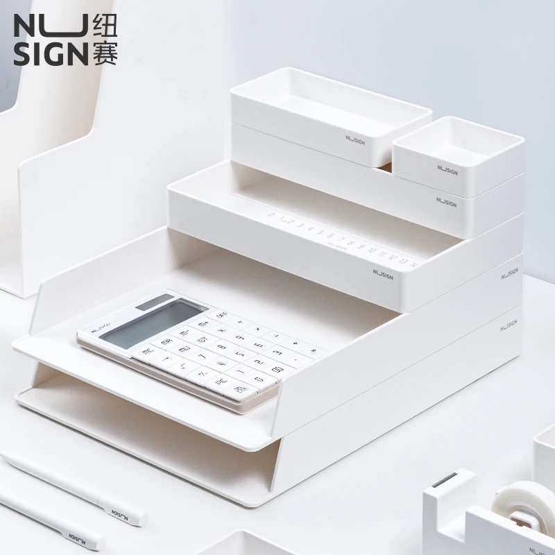 Deli Nusign NS001 Desktop Storage Set White Plastic File Tray European Style Stationery Drawer Office And Home Desk Organization