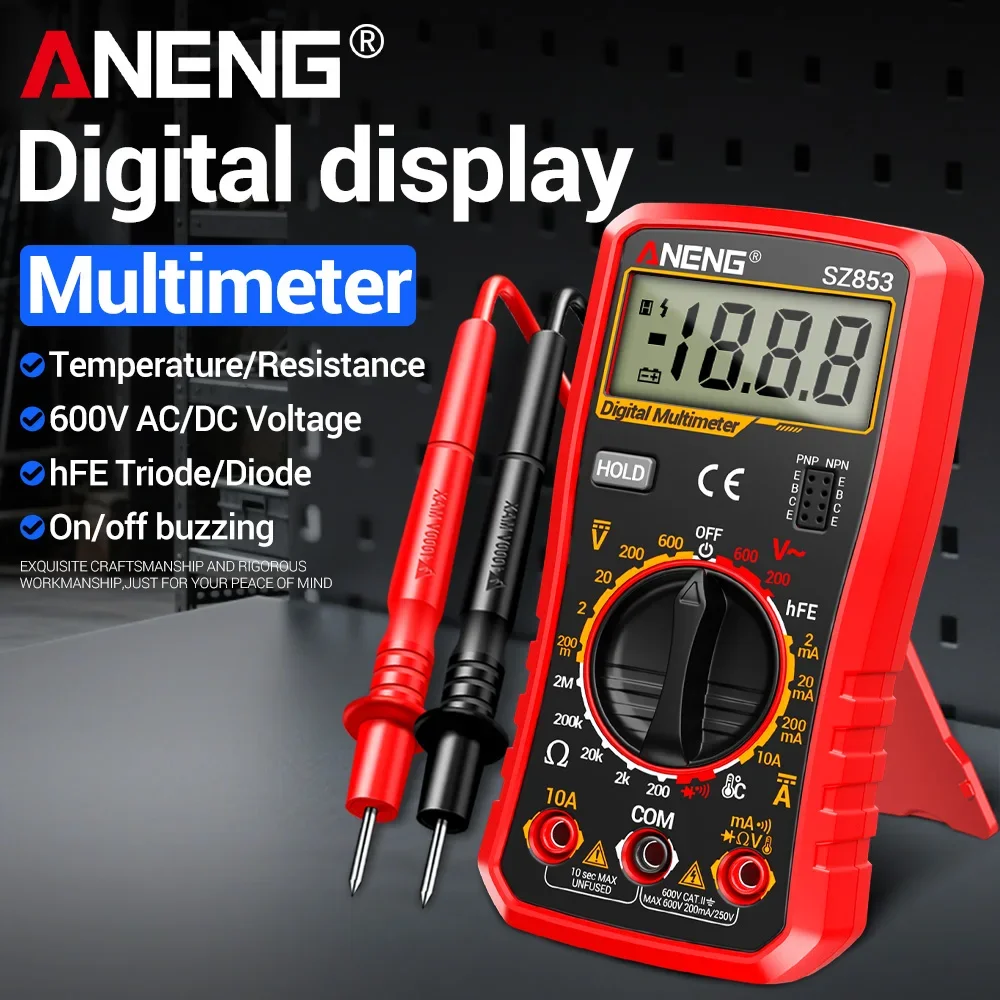 

ANENG SZ853 Digital Multimeter 1999 Counts AC/DC Voltage Current Resistance Temperature hFE Triode Buzzer for Electrician Tools