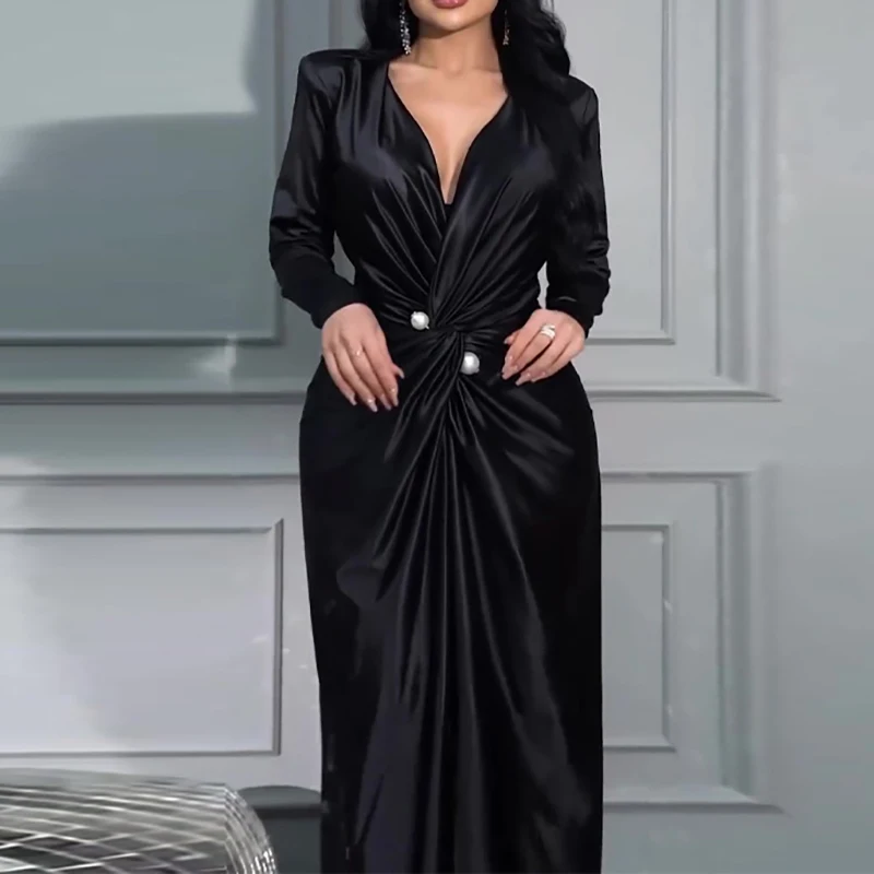 Elegant Temperament V Neck Slim Party Dress Lady Fashion Twisted High Waist Office Dress Autumn Long Sleeved Solid Banquet Dress