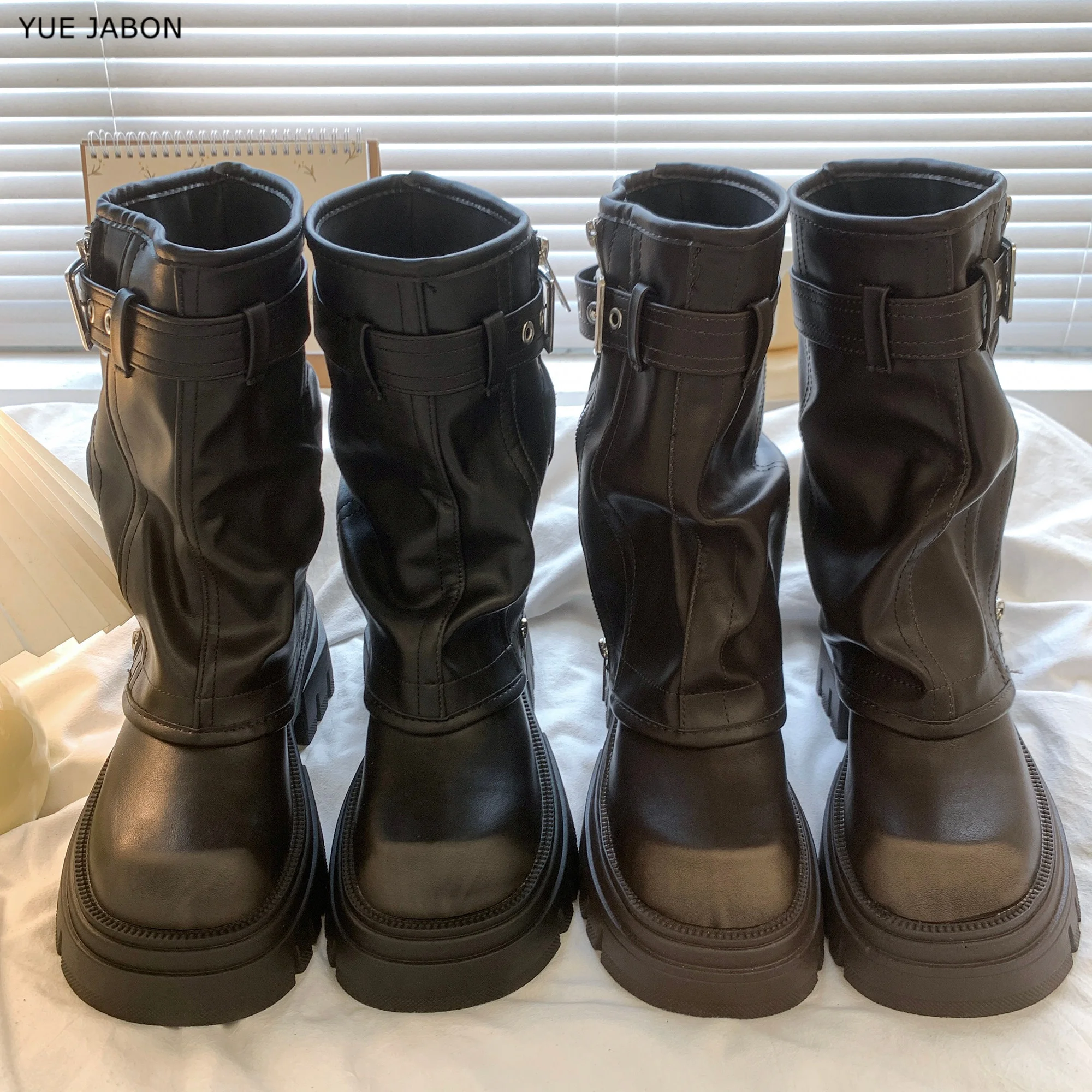 Botas de Motera Negras de Invierno para Mujer, con Hebilla de Cinturón, Elegantes Botines Planos con Plataforma, Botines Cortos Casuales para Mujer