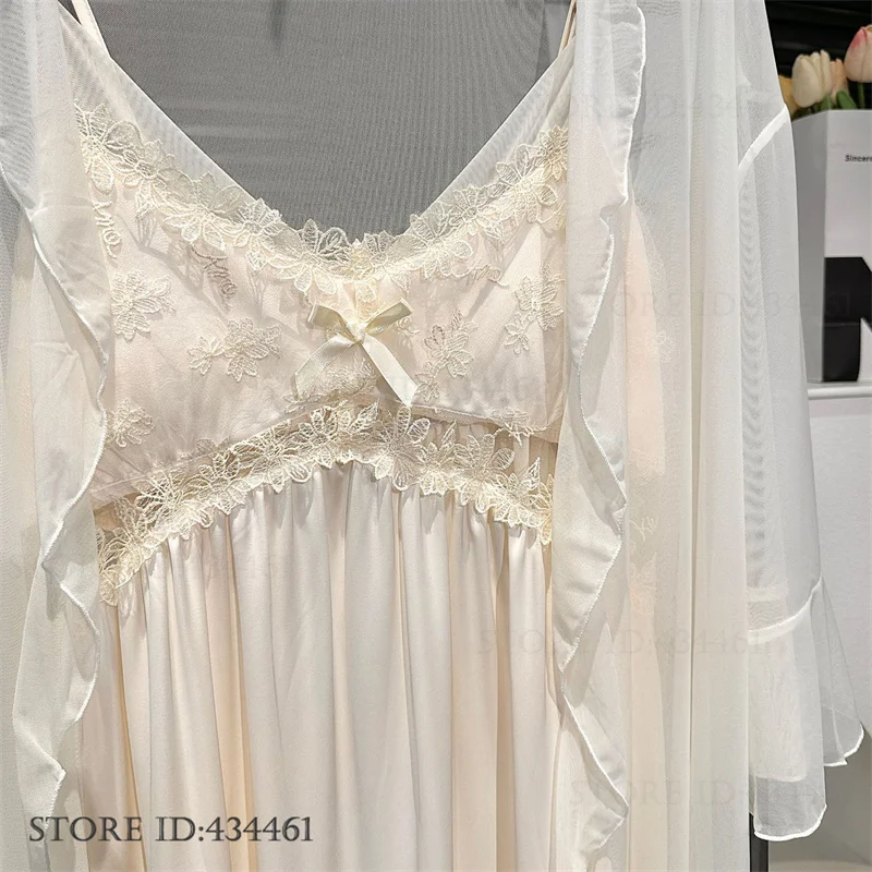 Elegant Mesh Female Twinset Robe Set Loungewear Sexy Hollow Out Lace Suspender Nightdress Intimate Lingerie Silky Satin Homewear