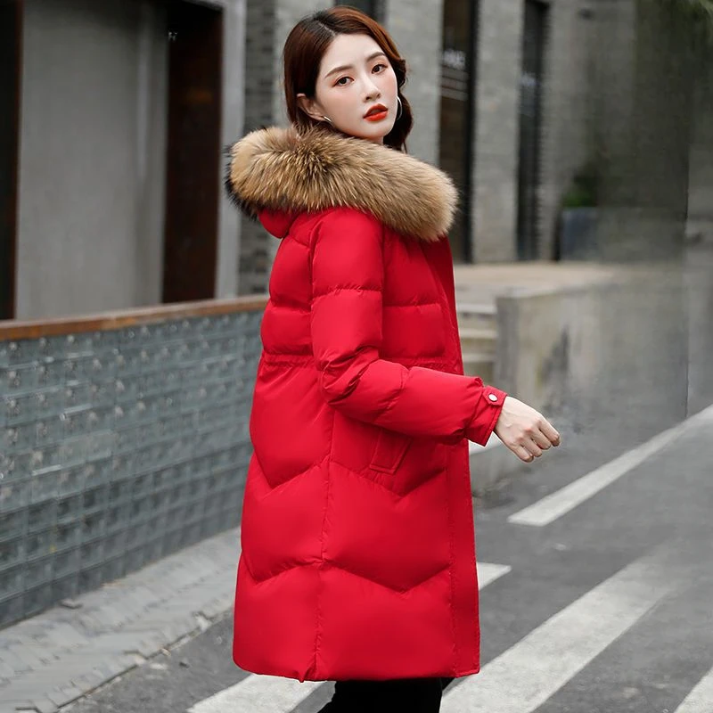 Winter New Women White Duck Down Jacket Female Mid-Length Fashion Slim-Fit Raccoon Fur Collar Hooded Parkas Thicken Warm Outwear