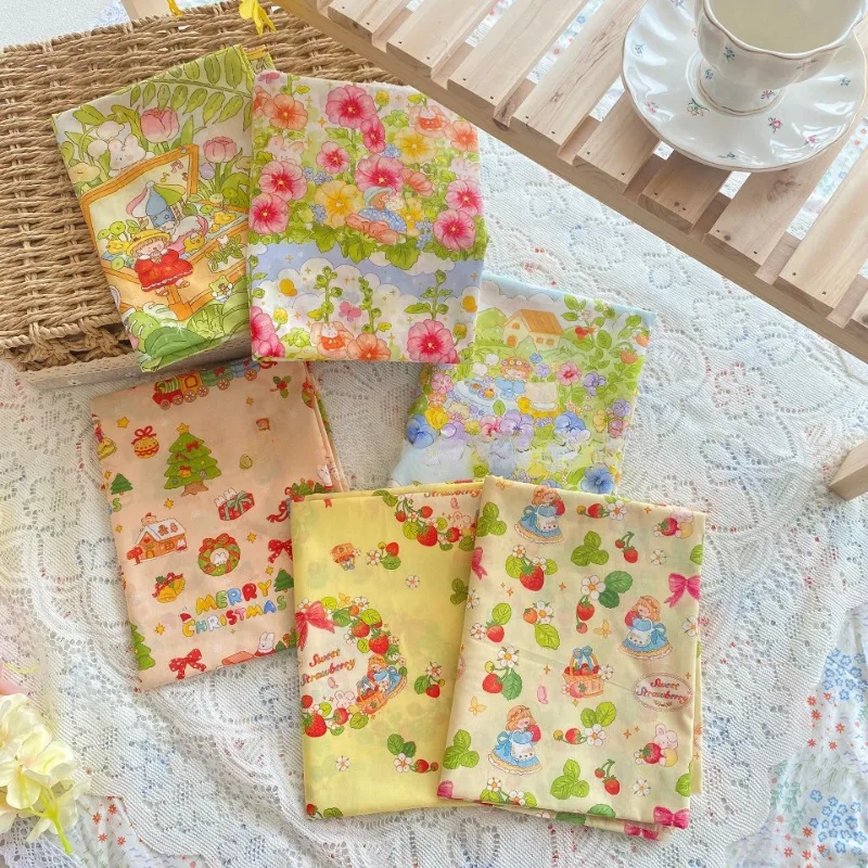 0.5/1/2 Yard Christmas Printed Fabric 100% Cotton Illustration Floral Cloth for Clothing, Parent-Child Outfits, Bags, DIY Crafts