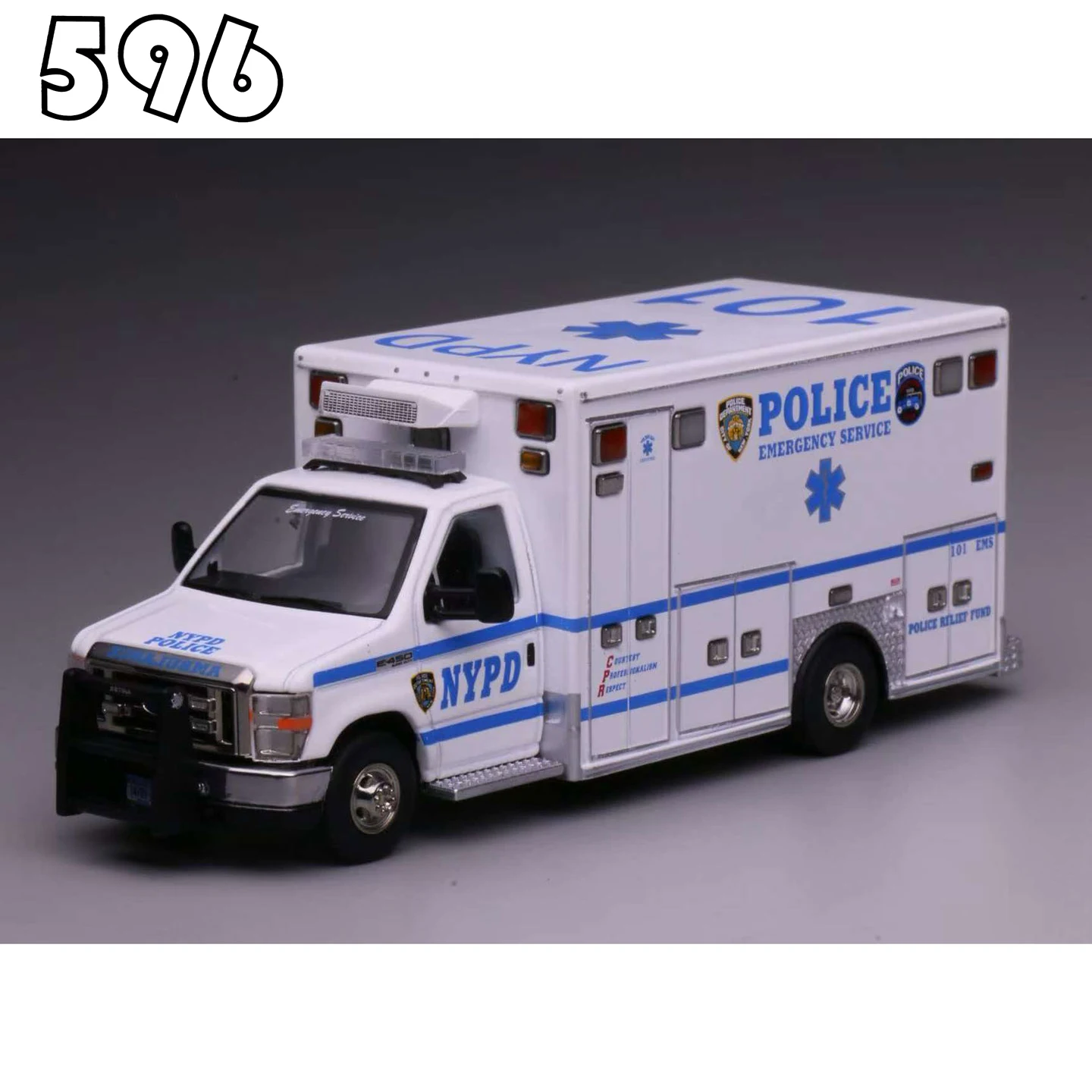 596 1/64 Ford E-450 NYPD Polizei-Notfallkofferwagen aus Legierung, Druckguss-Metallmodell, Weihnachtsgeschenk für Kinder, Spielzeug für Jungen