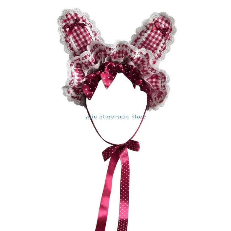 X7XB Lovely Unisex Bunnies Ear Headbands Check Pattern Rabbits Ears Hairband With Secure Tie for Role Play and Daily Wear