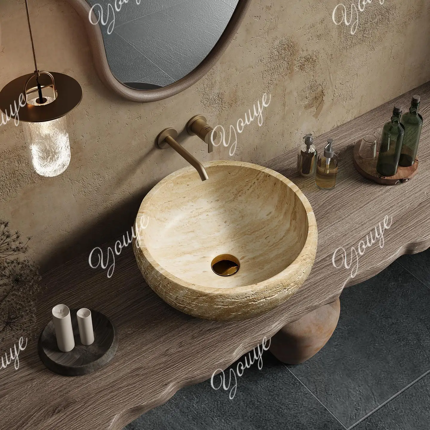 

Vintage Round Travertine Vessel Sink, Beige Mid-century Modern Console Basin for Hotel Villa Bathroom, Customizable