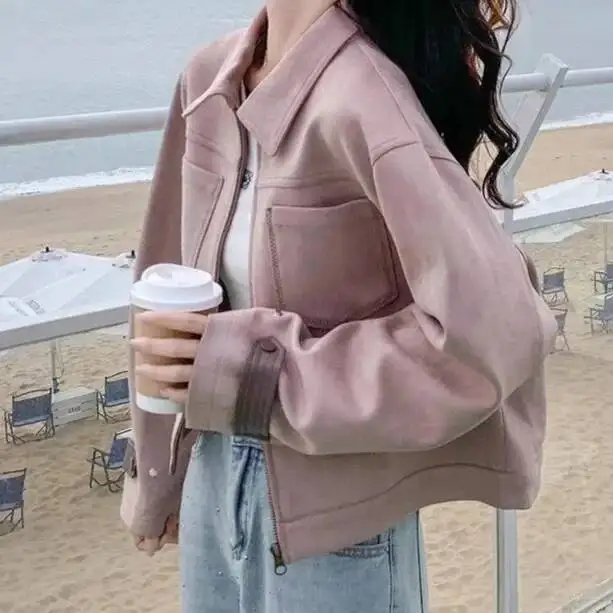 핑크 스위트 숏 재킷 여성용 봄 캐주얼 쿨 디자인 센스 올매치 아미노 섬유 청바지 코트 레귤러 스타일 중국산