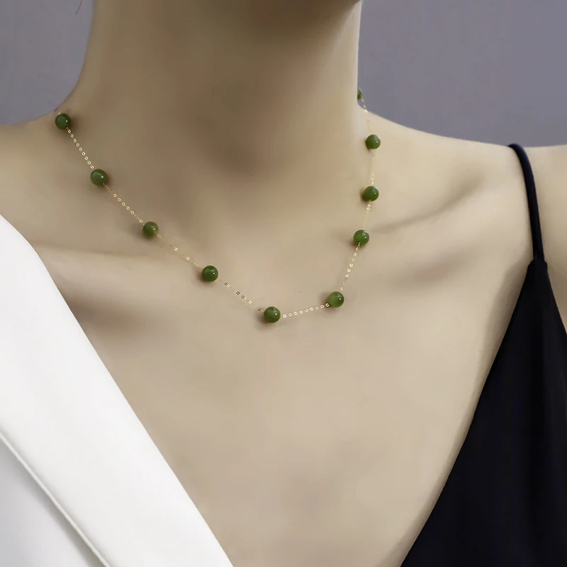 

Pure 18K Gold Necklace Natural green agate Pendant AU750 Fine Jewelry Party Wedding Gift For Women X635