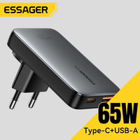 Essager Ultra Thin GaN Charger Type C 2 Ports PD 65W Fast Charging for iPad Laptop Macbook iPhone 16 15 14 13 Xiaomi Samsung S24