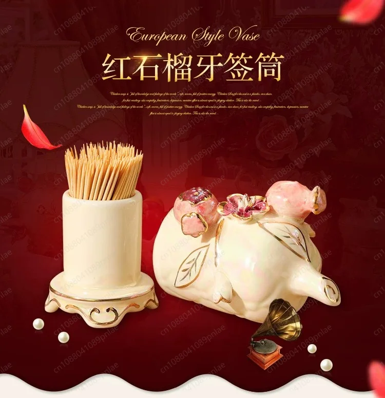 Lidded Ceramic Toothpick Storage Jar 3D Pomegranate Gold Emboss Decor Pearlescent Glaze Tabletop Cotton Swab Container