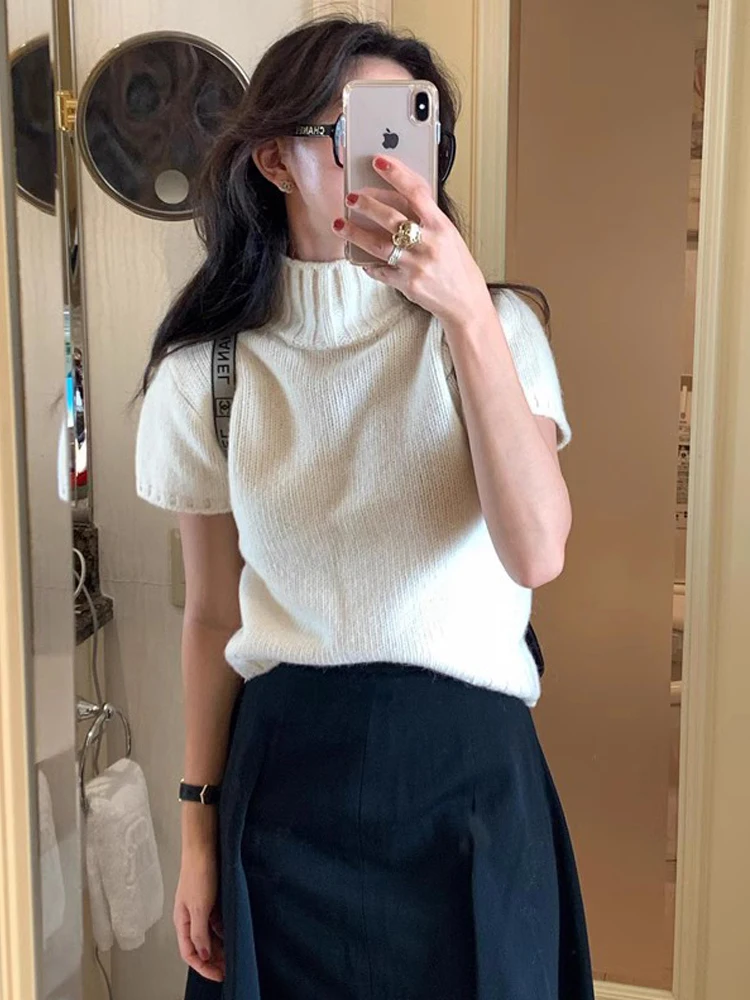 

Свободный крой, короткий рукав, женский вязаный шерстяной свитер с высоким воротником, корейский стиль, ранняя весна, новинка, эффект похудения