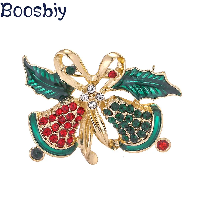 Lovely Double Crystal Bowkot Bells Brooches For Women Christmas Suit Pins Vintage Creative Jewelry Gift Coat Dress Accessories