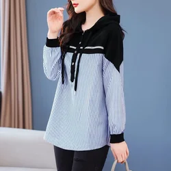 Casual Hooded Sweater Stitching Striped Shirt Woman Spring Summer 2024 New Fashion Be All-Match Loose And Comfortable Blouse