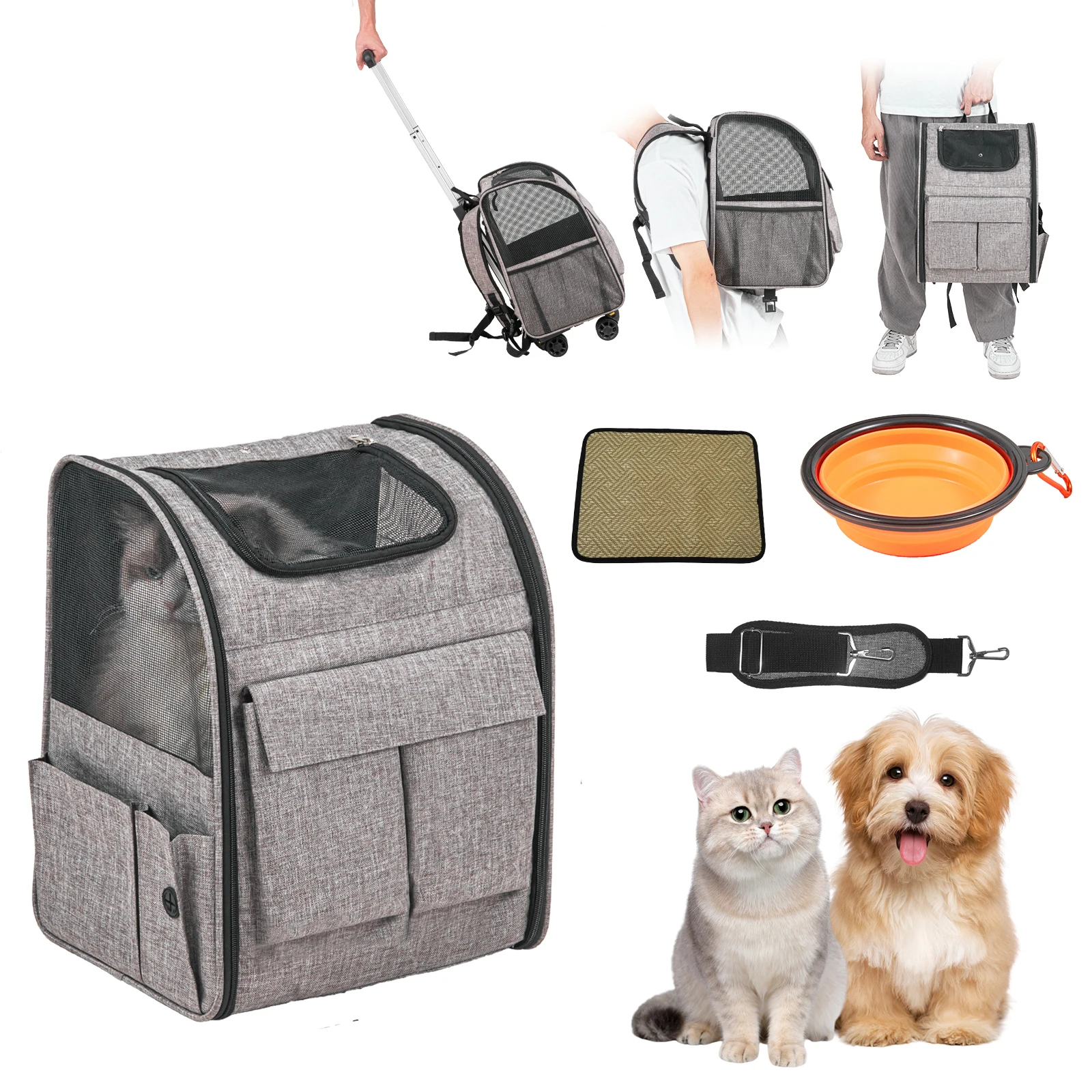 

VEVOR Pet Cat Carrier Breathable Outgoing Dog Carry Backpack with Telescopic Handle Wheels and Shoulder Strap for Travel Trip