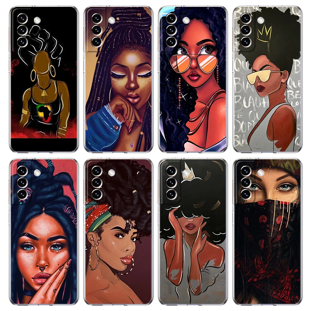 

Fashion Black Girl Phone Case for Samsung Galaxy S23 S20 FE S22 S21 Ultra M21 M22 M32 S10 S10E S9 S8 Plus 5G Transparent Shell