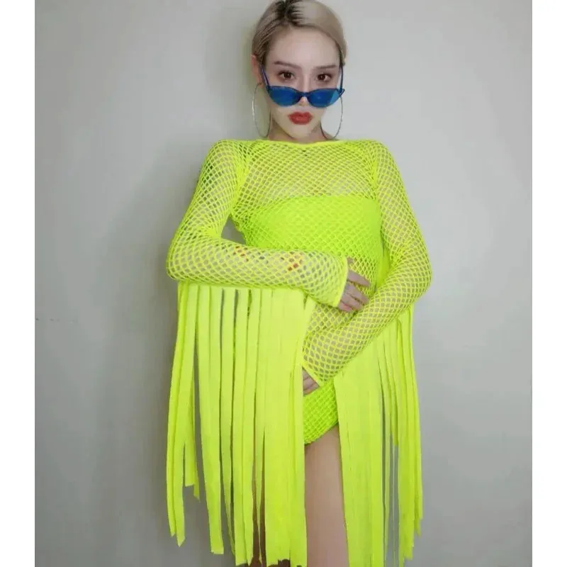 Cosjie ジャズダンス衣装ネオングリーンタッセルジャンプスーツナイトクラブゴーゴーダンサーステージヒップホップの服 Dj スーツ女性絶賛ボディスーツ