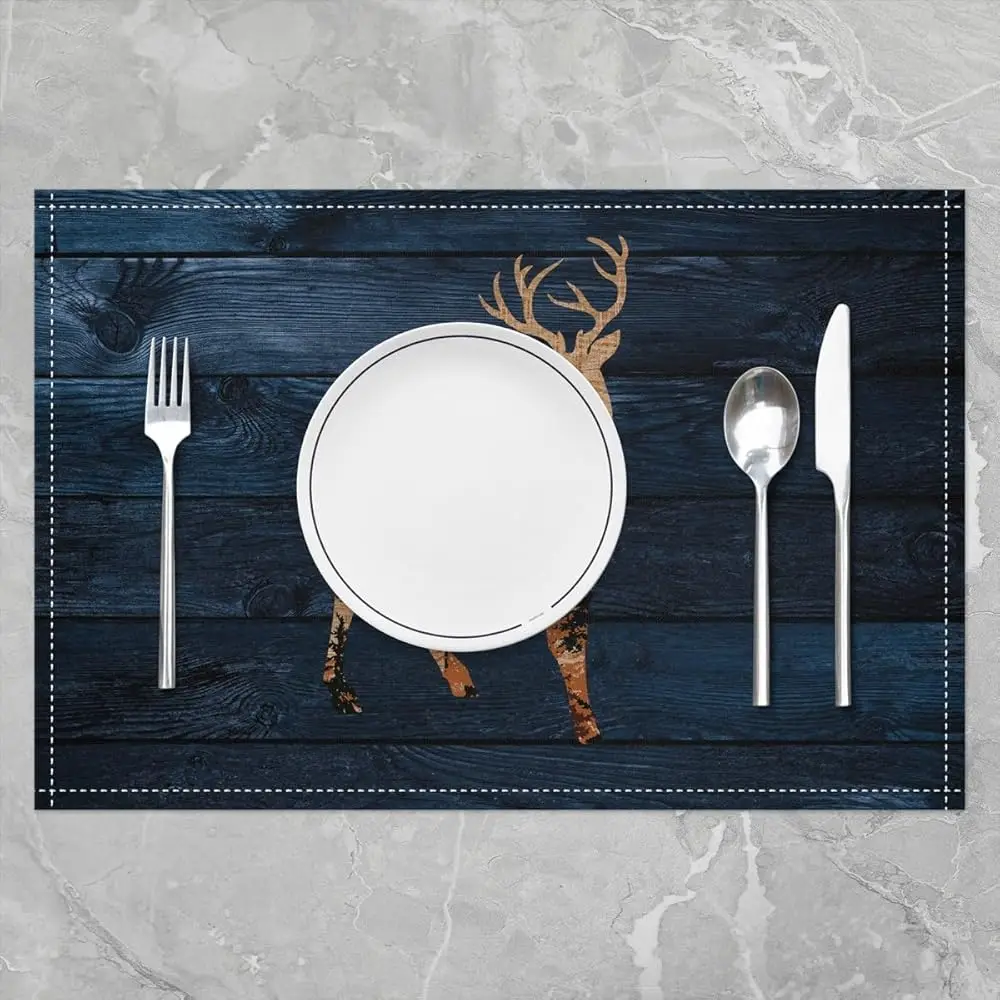 Of 4 Rustic Deer Silhouette Placemats Set Wood Grain Texture Table Mats for Farmhouse Lodge Kitchen Dining Decor