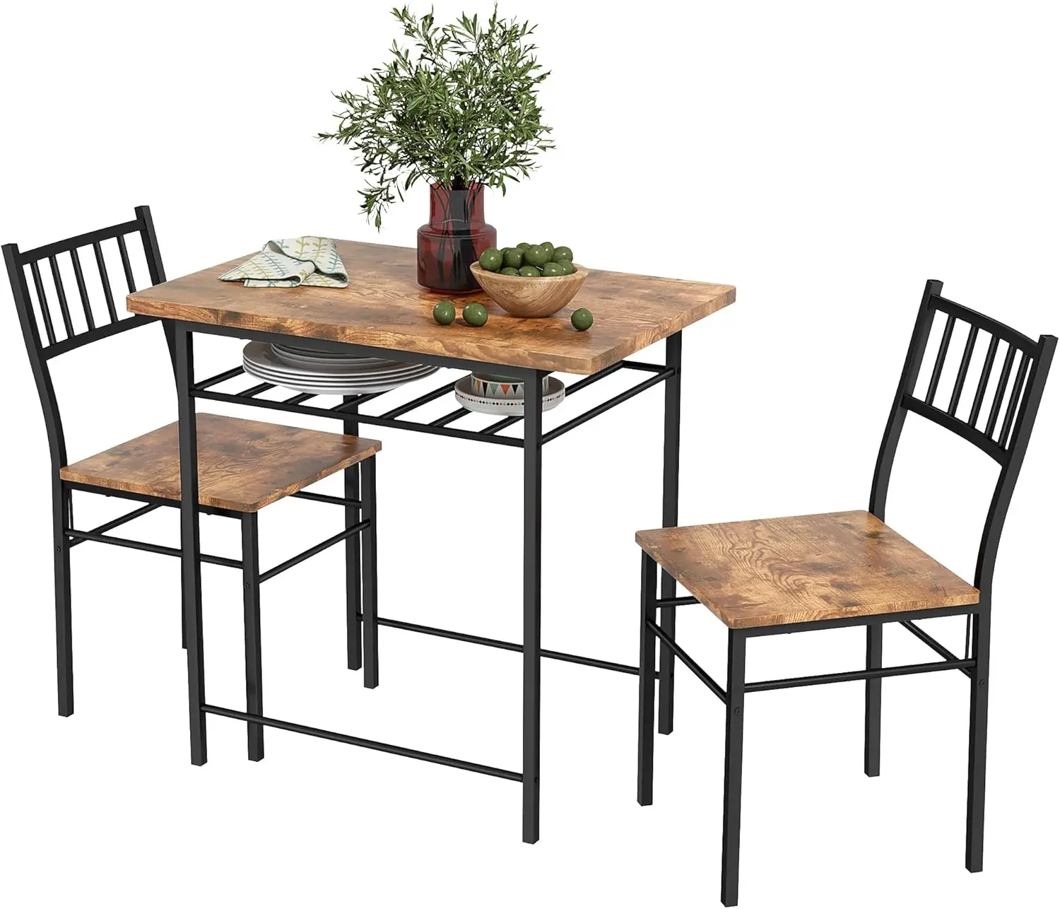 Homcom 3-Piece Dining Table Set For 2, Small Kitchen Table And Chairs With Built-In Storage Rack And Steel Frame, For Breakfast