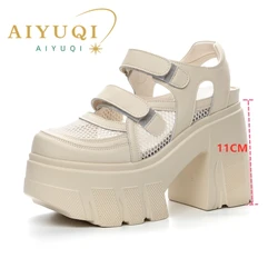 AIYUQI Women's Sandals Genuine Leather 2024 New 11cm Heel High Mesh Women Sandals Platform High Heel Sandals Women