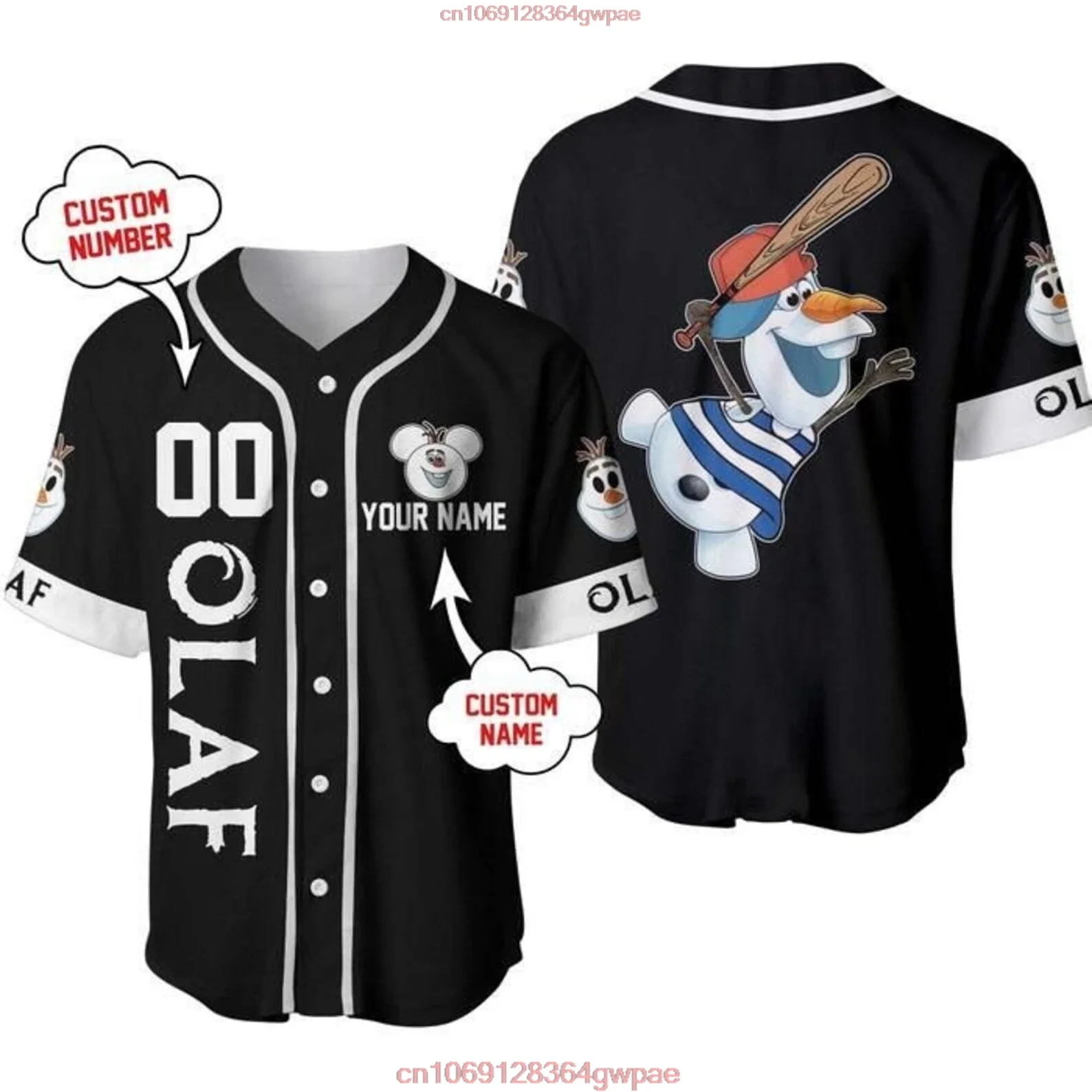 Olaf frozen camisa de beisebol das mulheres dos homens camisa de manga curta nome personalizado disney camisa de beisebol casual esportes camisa de beisebol