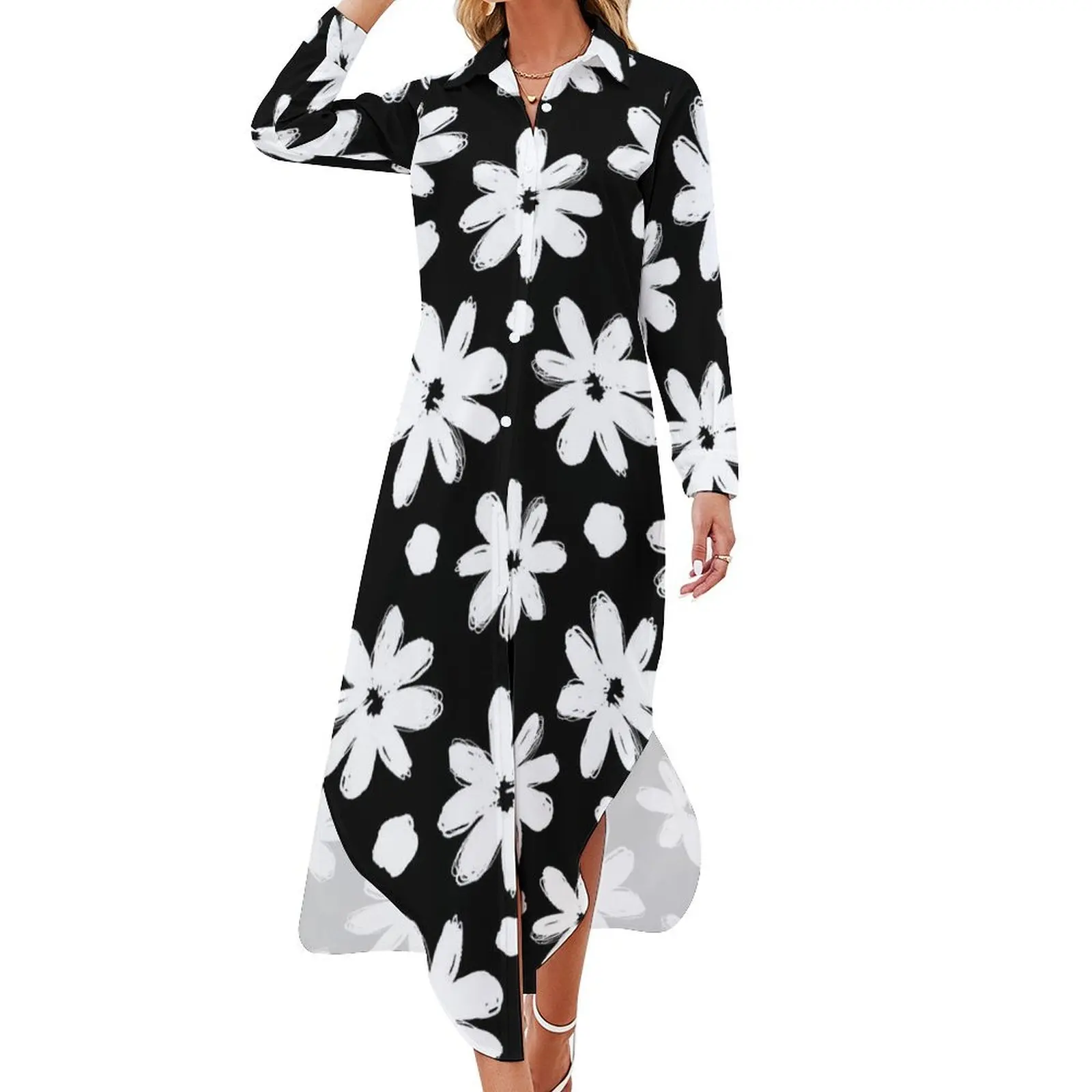 

White Daisies Casual Dress Cute Flowers Print Street Fashion Dresses Long Sleeve Elegant Womens V Neck Oversize Chiffon Dress