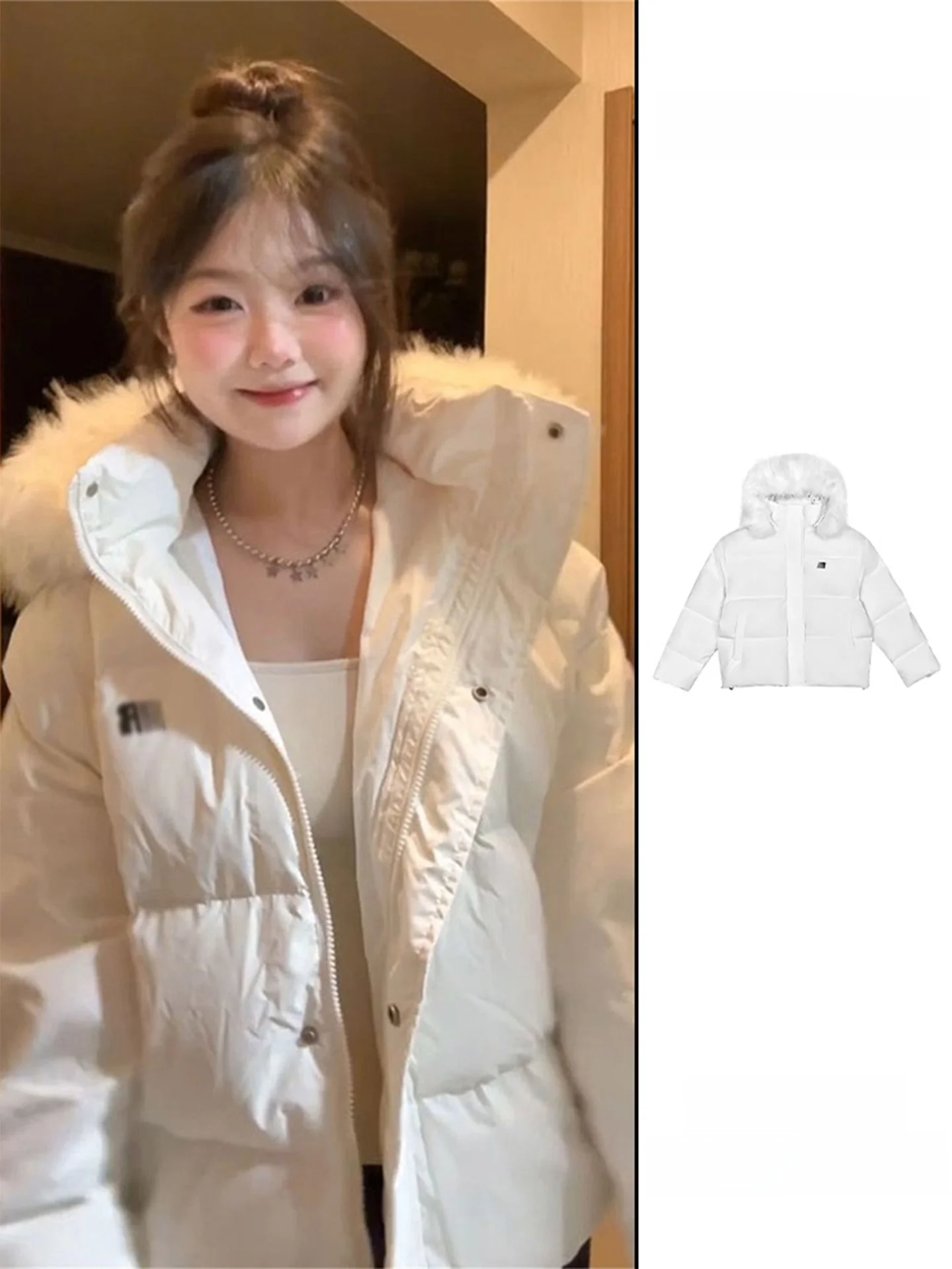 

Женская зимняя утепленная куртка-пуховик 2025 года, новая модель, со съемным меховым воротником, белая, короткая, на хлопковом наполнителе, в корейском стиле
