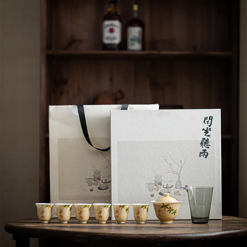 Apricot yellow underglaze hand-painted rabbit kung fu tea set, teacup set