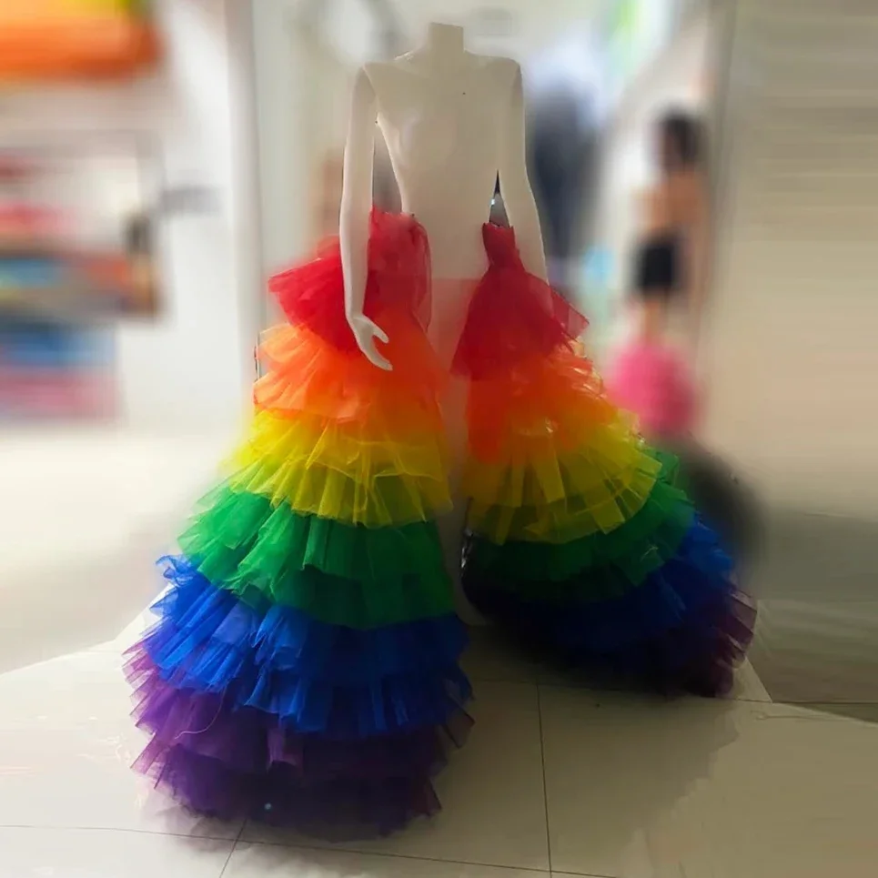 

HOBBY Luxury Rainbow Tulle Skirts Extra Puffy Hi Low Women High Street Layered Skirts Birthday Party Prom Evening Skirt Colorful