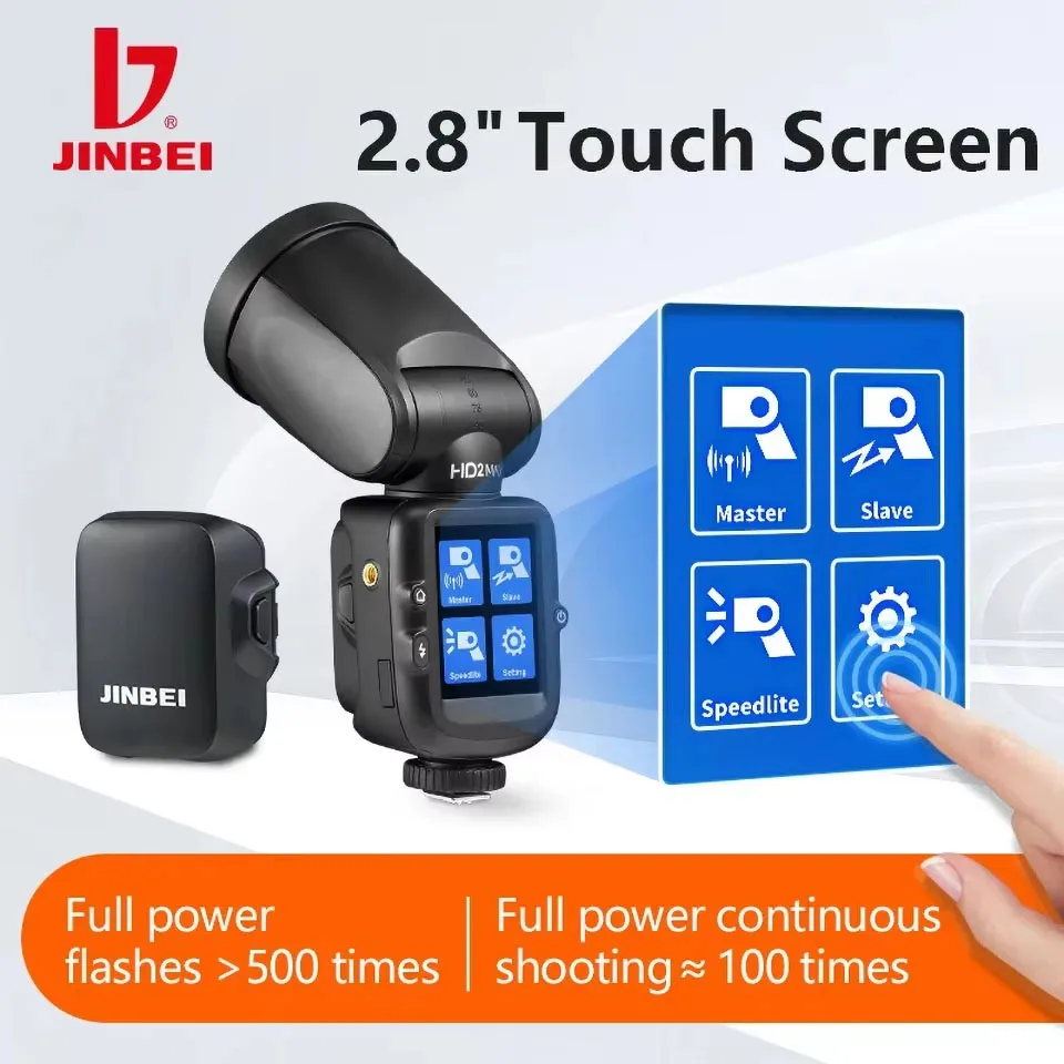 JINBEI HD-2 MAX 2,8" Универсальный горячий башмак HSS TTL с сенсорным экраном 0 ° -360 °   Горизонтальное вращение 2,4 ГГц Вспышка для беспроводной камеры