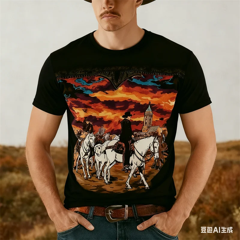 

Vintage Cowboy Style Men's T-shirt Summer 3D Printed Fashion Cool Graphic Short Sleeve Tee Fashion Breathable Men Clothing Top