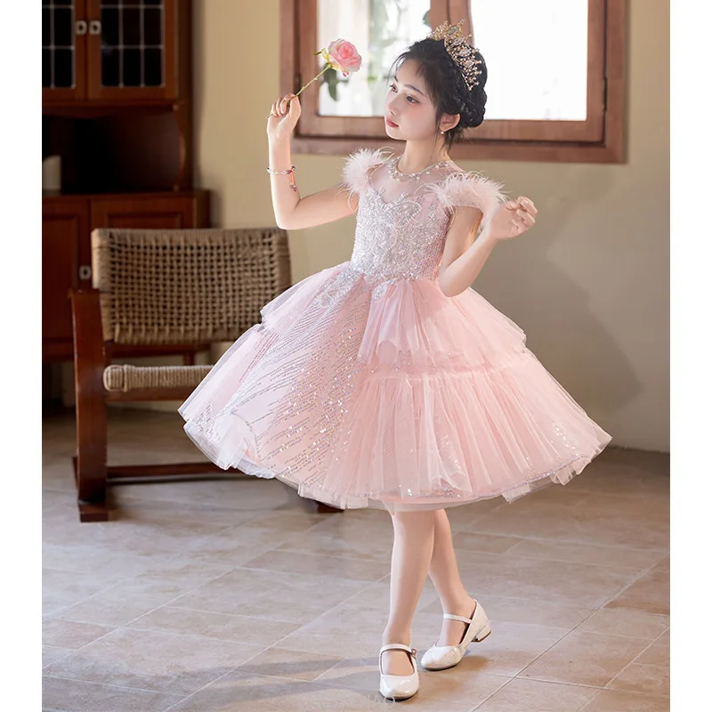 

Party Dresses Vestido Pink Flower Princess Gown Host Piano Recital Outfit Children Costumes Girl Wedding Dress Kids Birthday