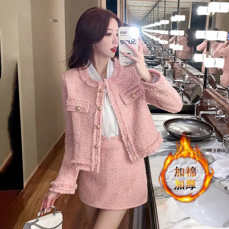 Insozkdg High Quality Purple Tweed Two Pieces Set Women\'s Autumn Winter Temperament Celebrity Jacket Coat + Skirt Office Suits