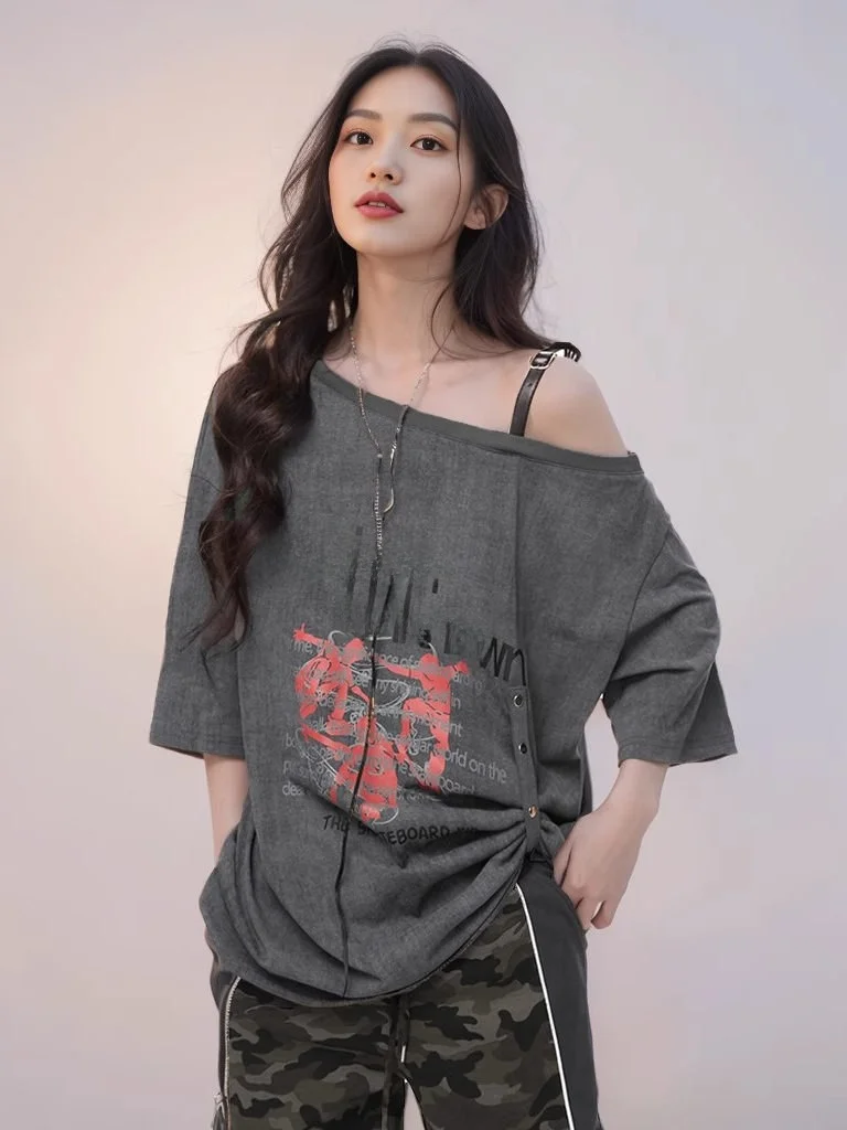 Rétro Hong Kong Sle ort Sve T-irt femmes été 2025 ample Sexy oulder Bared décontracté coton imprimé haut pour les jeunes femmes