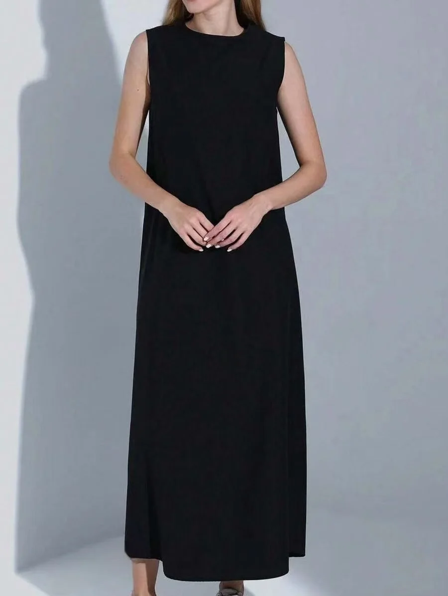 Casual White Dress Simple Vest Dress Loose Round Neck Draped Straight Skirt