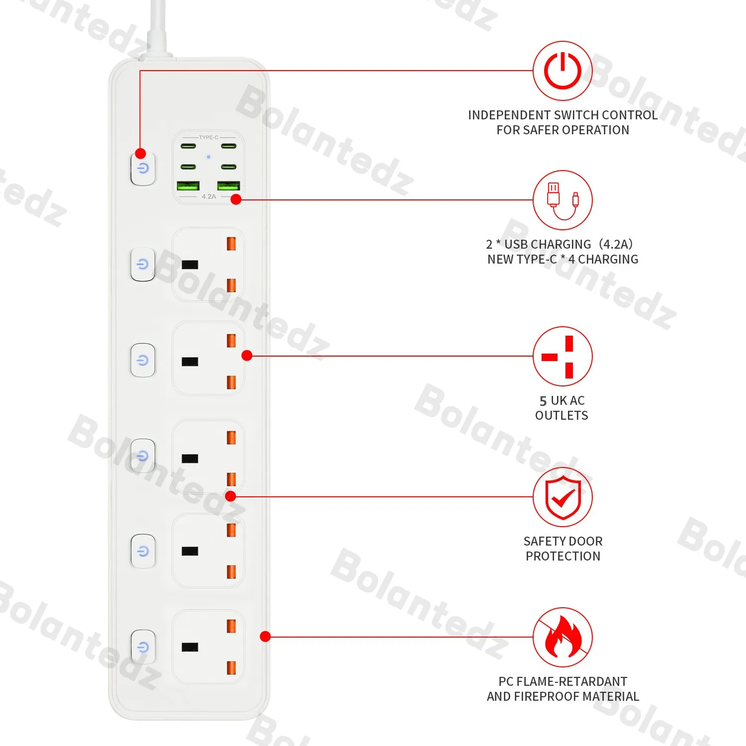 Extension Desktop 4/5 AC UK Output socket UK Plug Power Strip With USB Type-C 2m Cable 3250W 13A 250V UK Standard Sockets