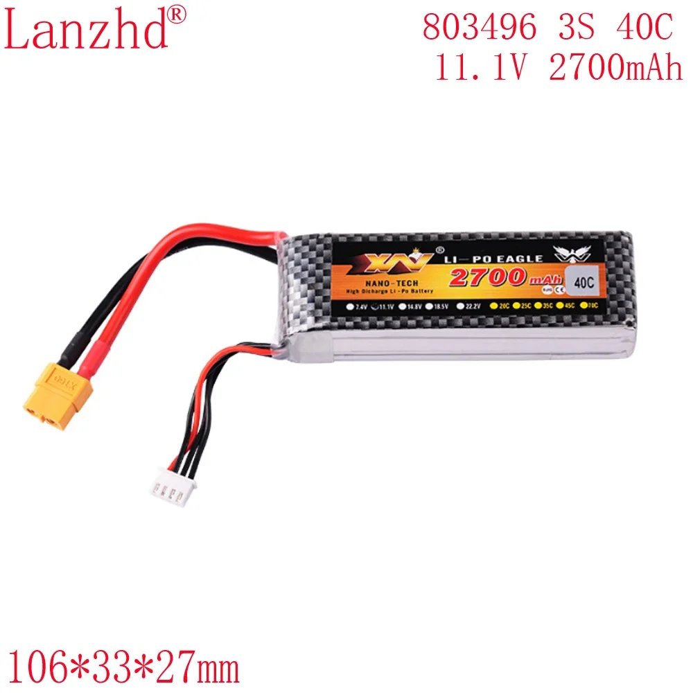 11.1V 2700mAh 40C 803496 3S high rate lithium battery For Model aircraft battery 106*33*27mm