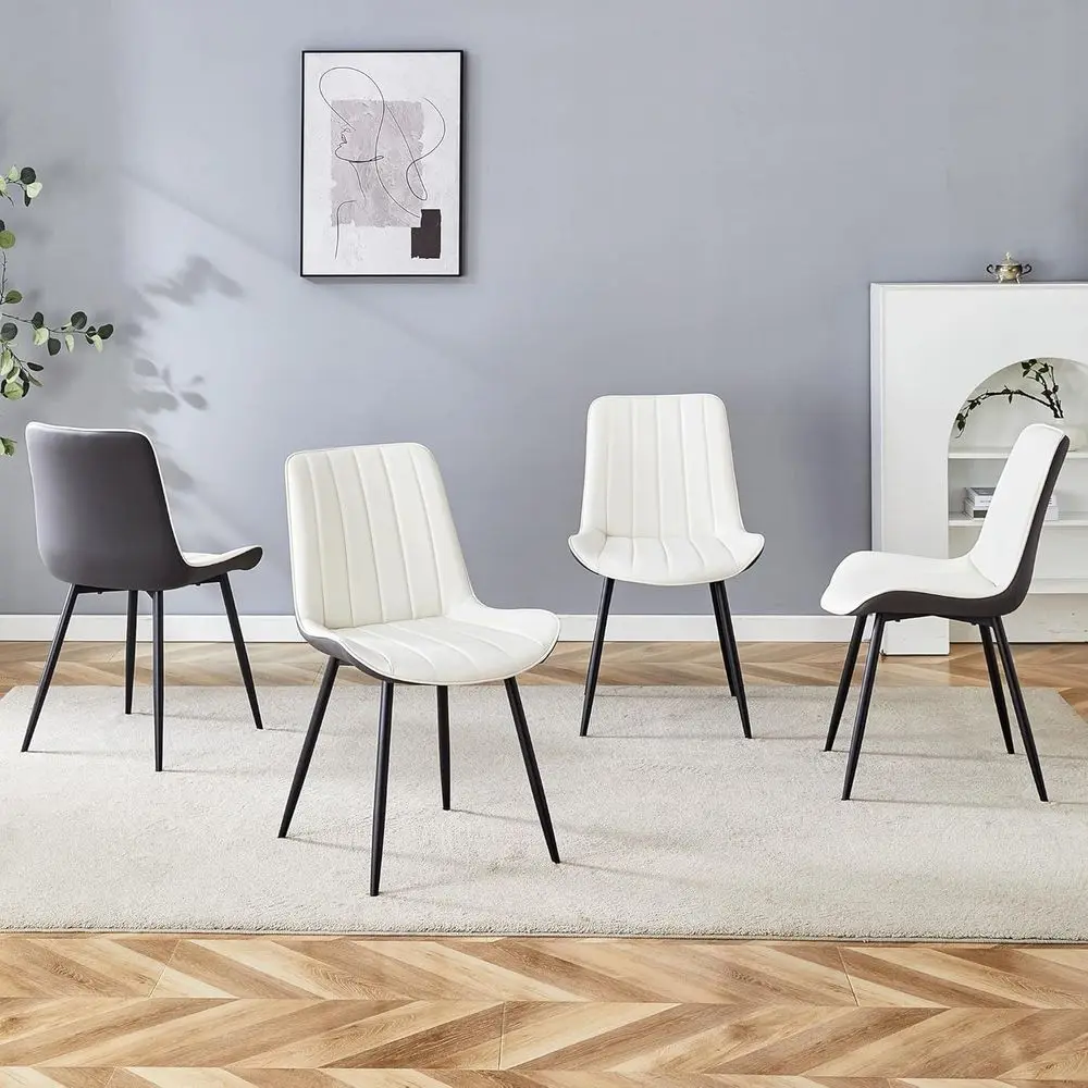 

Set of 4 Dining Chairs: Leather-Look Kitchen Chairs in White and Black with Striped Pattern and Metal Legs