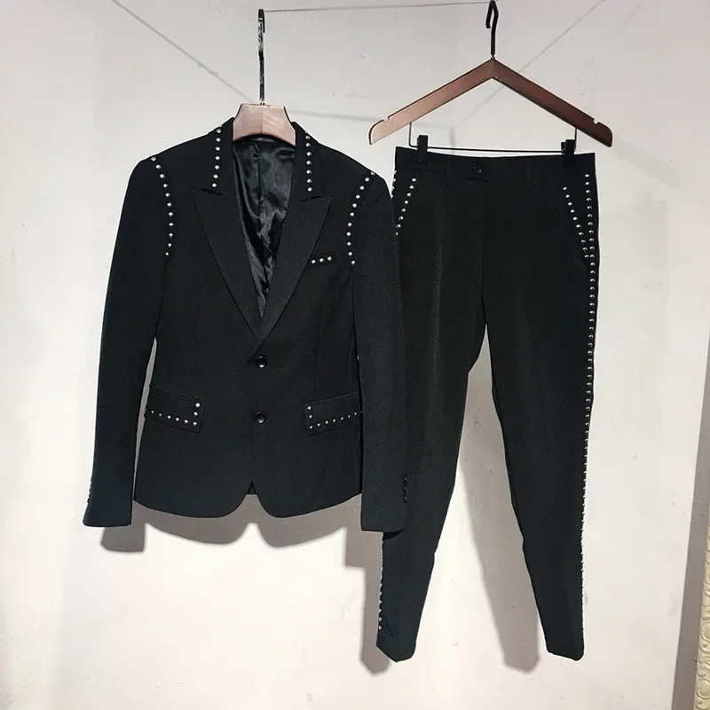 Trajes De Hombre British Style Slim Suit Two-piece Suit Nightclub Rivet Coat Smoking Homme Mariage Fashion Korea Suit Male