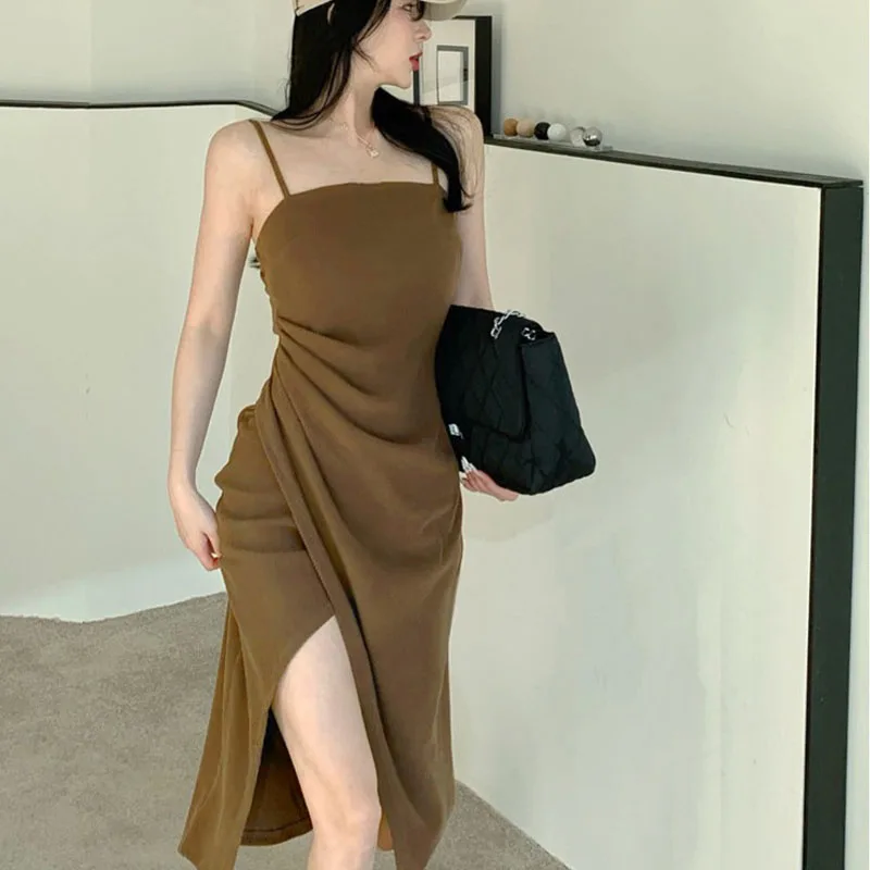 Summer Lady Korean Popularity Casual Sexy Light Ripening Comfortable Solid Color Slim Forking Pleated Slip Dress A-line Skirt