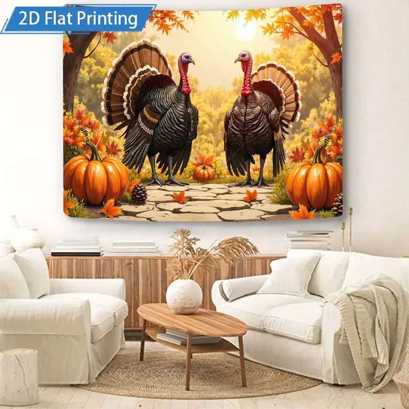 [2D FLAT] 1pc 4x16inch Metal Sign Fall Turkey Scene Metal Wall Art 2D Printed Autumn Pumpkin Forest Decor for Home