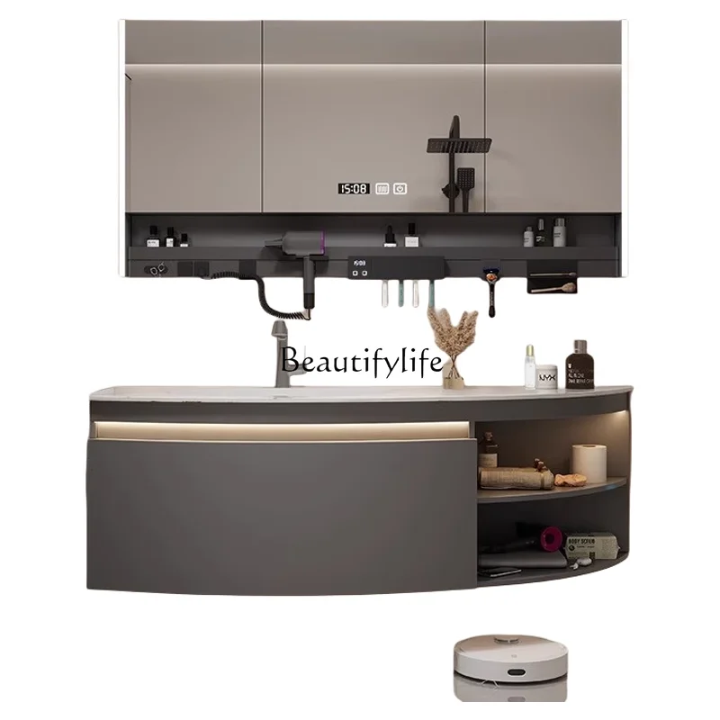 

Rock slab hot bending integrated basin oak bathroom cabinet side grid arc shaped washstand