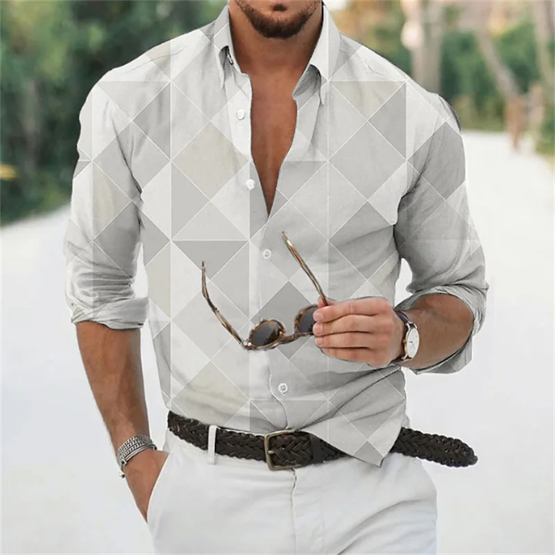 Men\'s shirt summer long sleeve color block lapel outdoor street buttoned clothing fashionable casual breathable and comfortable