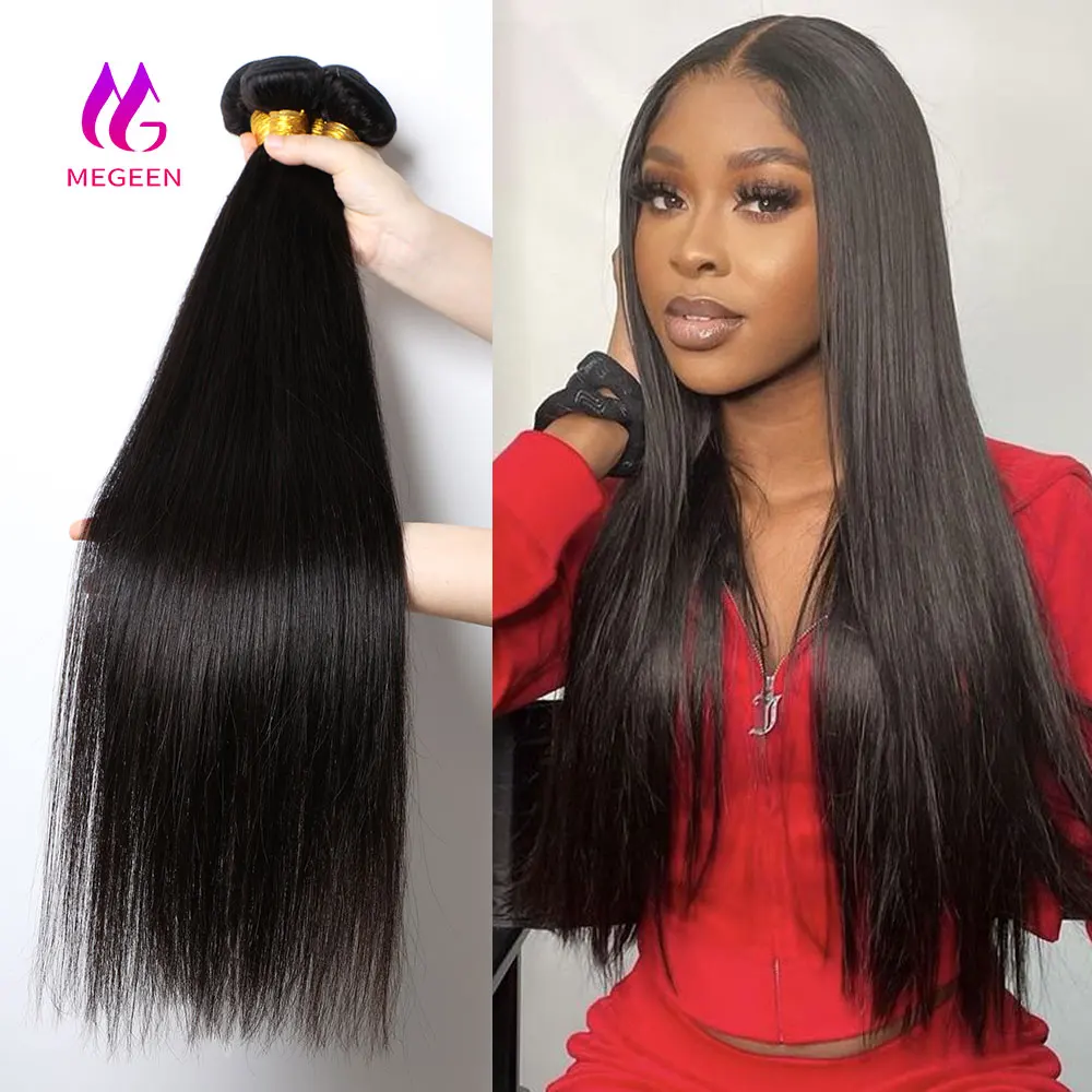 

Натуральные Прямые Волосы Megeen, 1/3/4 шт., бирманские здоровые накладные волосы без повреждений, 12 А, черные волосы 12-32 дюйма, соответствует длине