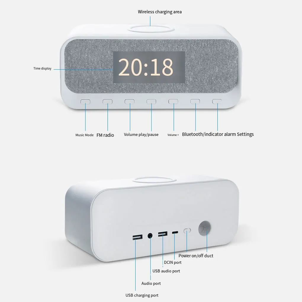 Imagem -05 - Relógio Despertador Desktop Multifuncional Rádio Alto-falante Duplo sem Fio Carregamento Rápido Presente 15w 10w