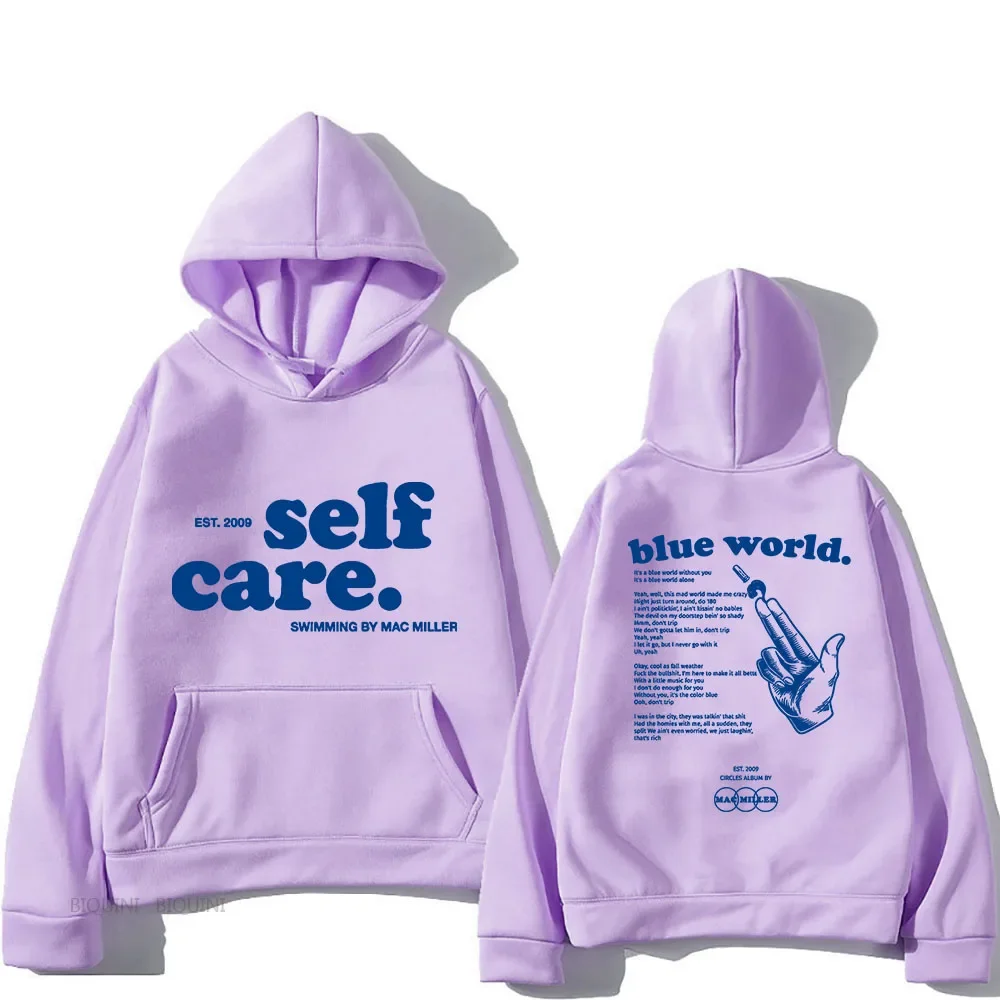 Macc Miller Self Care Blue World Letter Print Hoodies Fleece Sweatshirts Y2k Tops Long Sleeve Sweater Sense of Design Pullovers