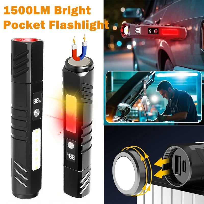 

Светодиодный фонарик 1500LM, 7 режимов, перезаряжаемый карманный фонарик COB с магнитом дисплея мощности, уличный водонепроницаемый фонарь с зумом для кемпинга