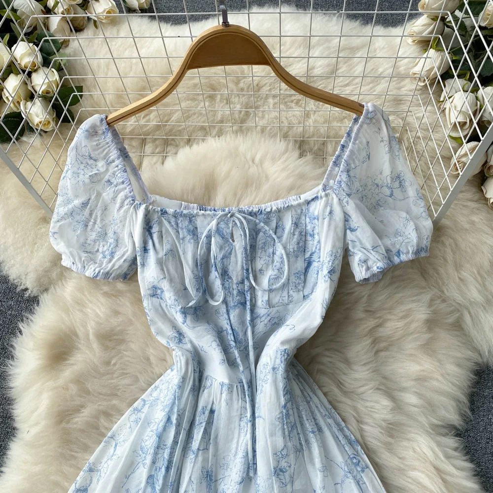 Vestido de Verano con Estampado Floral, Cuello Cuad, Estilo Retro, Cintura Ajustada, Manga Corta, Línea A, para Mujeres J...