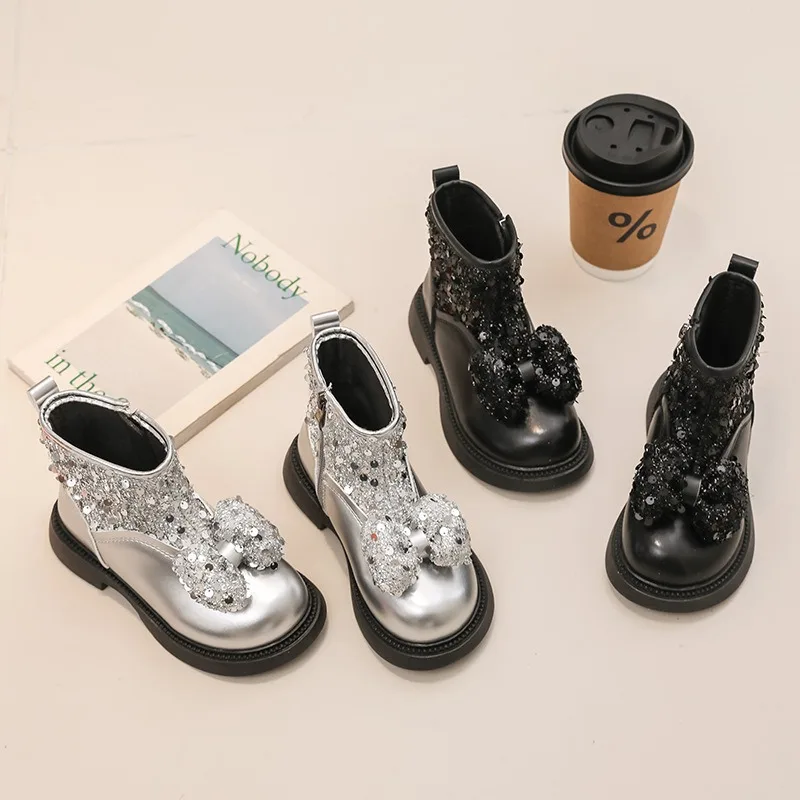 

2025 Children Short Boots Girls Winter New Fashion Sequins bowknot Soft Bottom Anti-slippery Versatile Casual Princess Pu Shoes