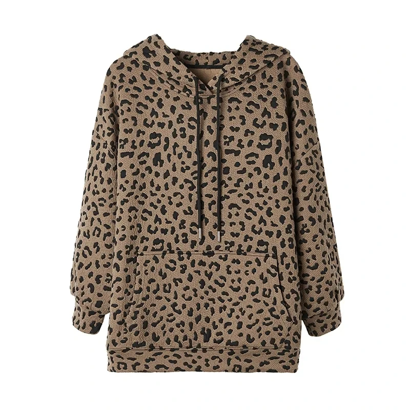 Casual Hooded Leopard Print Sweater Coat Girl Add Velvet Warm Winter Clothes New Loose Bottoming Shirt Long Ladies Jacket